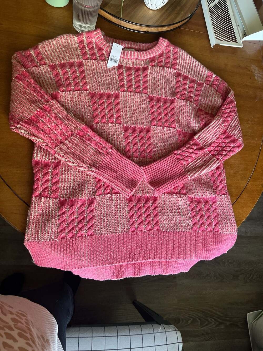 BKE Geranium Cream Checkered Cable Knit Sweater Size M